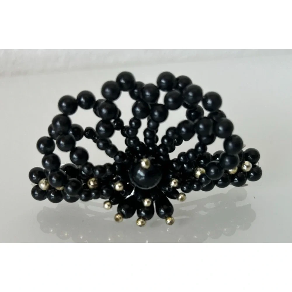 Vintage Black Beaded Bow Hair Barrette French Clip Mid Century Retro Black Pearl
